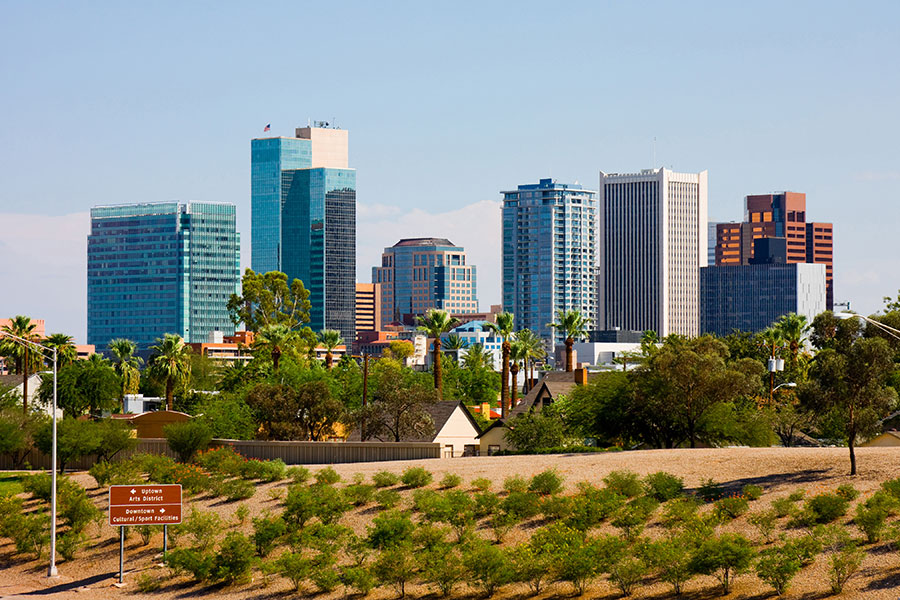 Phoenix AZ - City Skyline of Downtown Phoenix Arizona Against Clear Blue Sky
